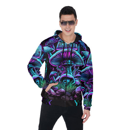 Psychedelic Mushroom Hoodie Blue Zip - Vibrant Fungi All-Over Print Mycological